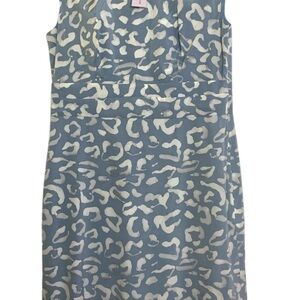 Ann Taylor Silk Dress Sz 8 Petite Blue Ivory Leopard Print  Sleeveless Sheath 8P